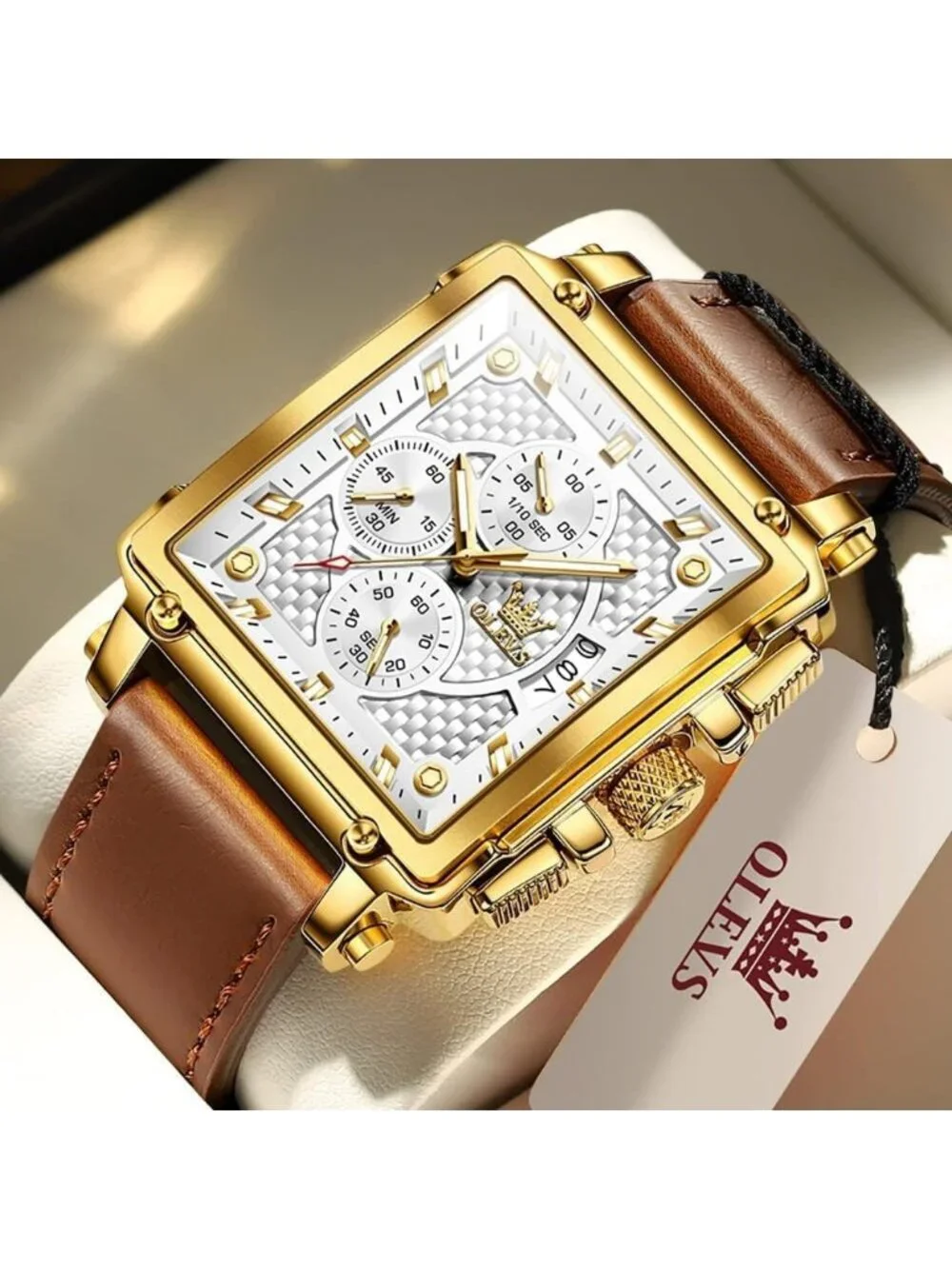 Men's White Quartz Leather Strap Waterproof Casual Trendy Square Dial Watch